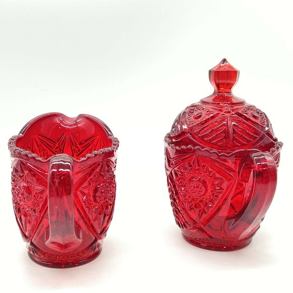 Vintage Red EAPG Glass Creamer and Sugar Bowl with Lid Deep Cut Design estate - Picture 9 of 9